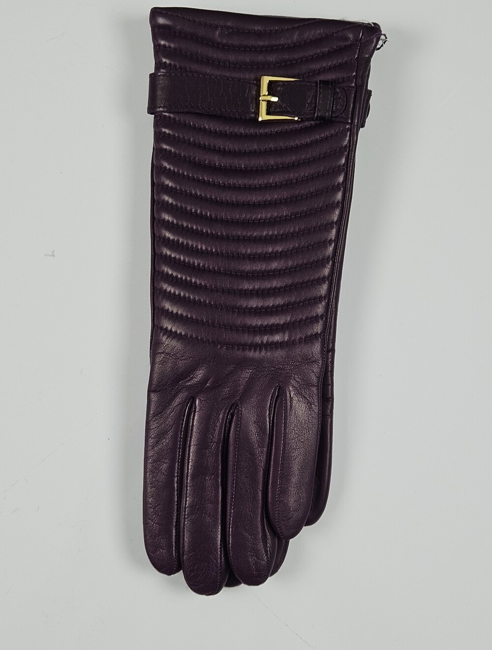Portolano Quilted Leather Long Gloves in Deep Plum with Gold Buckle